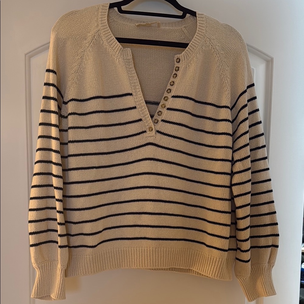 Sezane Striped Knit Sweater with Button Detail